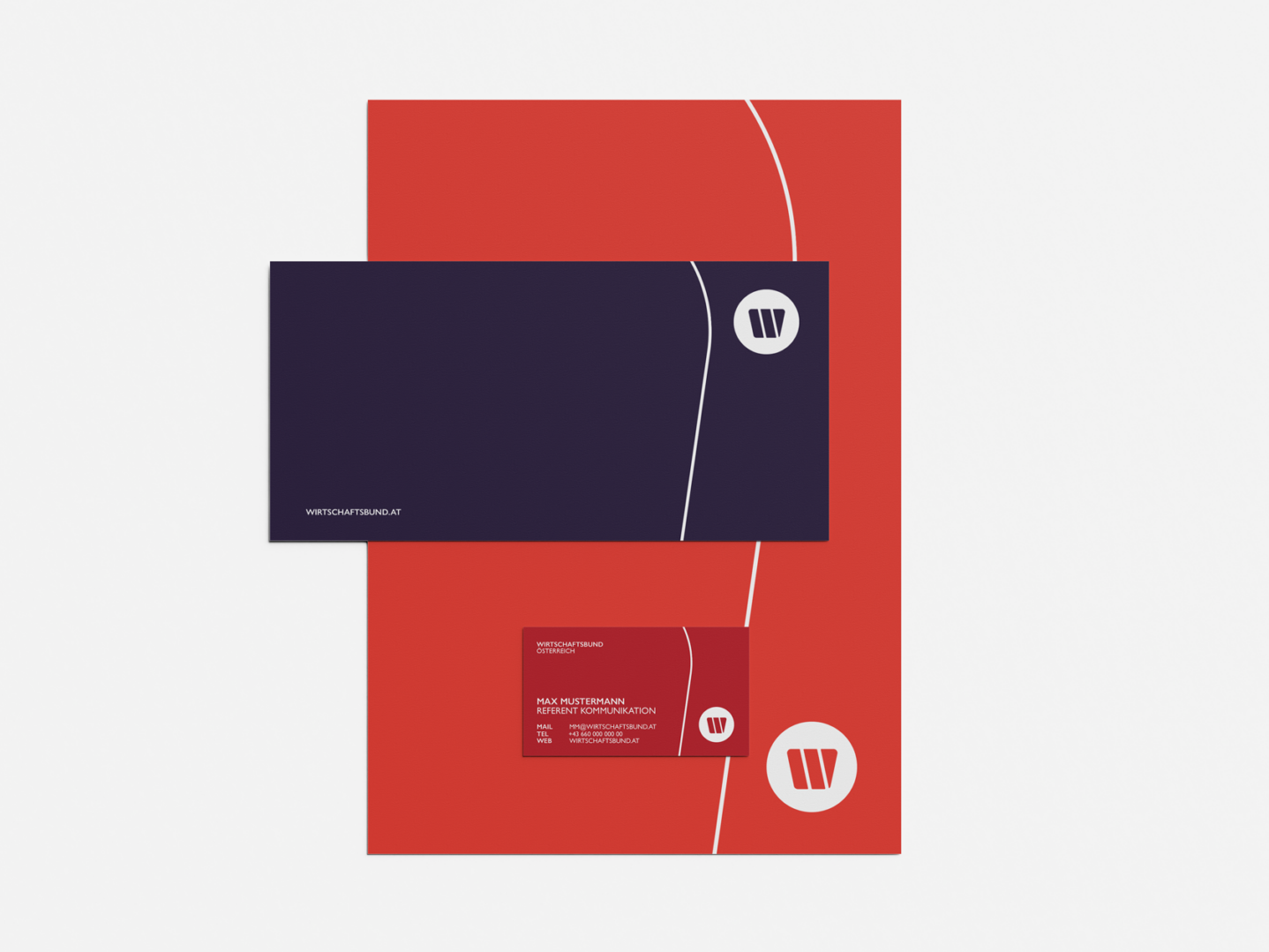 Wirtschaftsbund Geschaeftsmaterial bestehend aus Briefpapier, Karte und Visitenkarte in den Farben Orange, Violett und Rot inklusive Logo und Key-Visual.