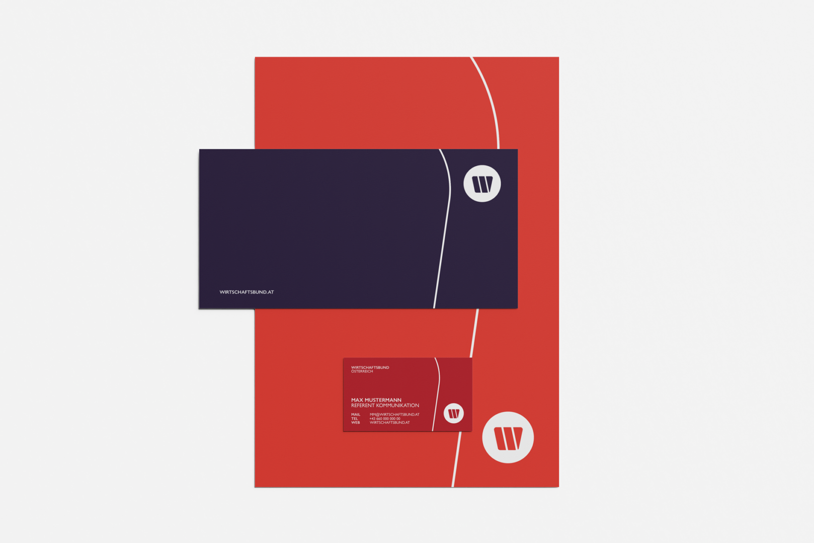 Wirtschaftsbund Geschaeftsmaterial bestehend aus Briefpapier, Karte und Visitenkarte in den Farben Orange, Violett und Rot inklusive Logo und Key-Visual.