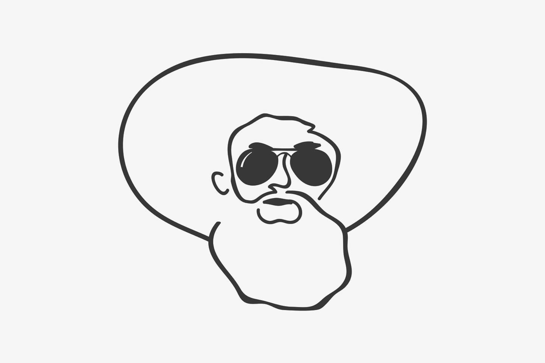 Kopf mit Bart, Sonnenbrille und großem Hut mit Linien gezeichnetes Logo von