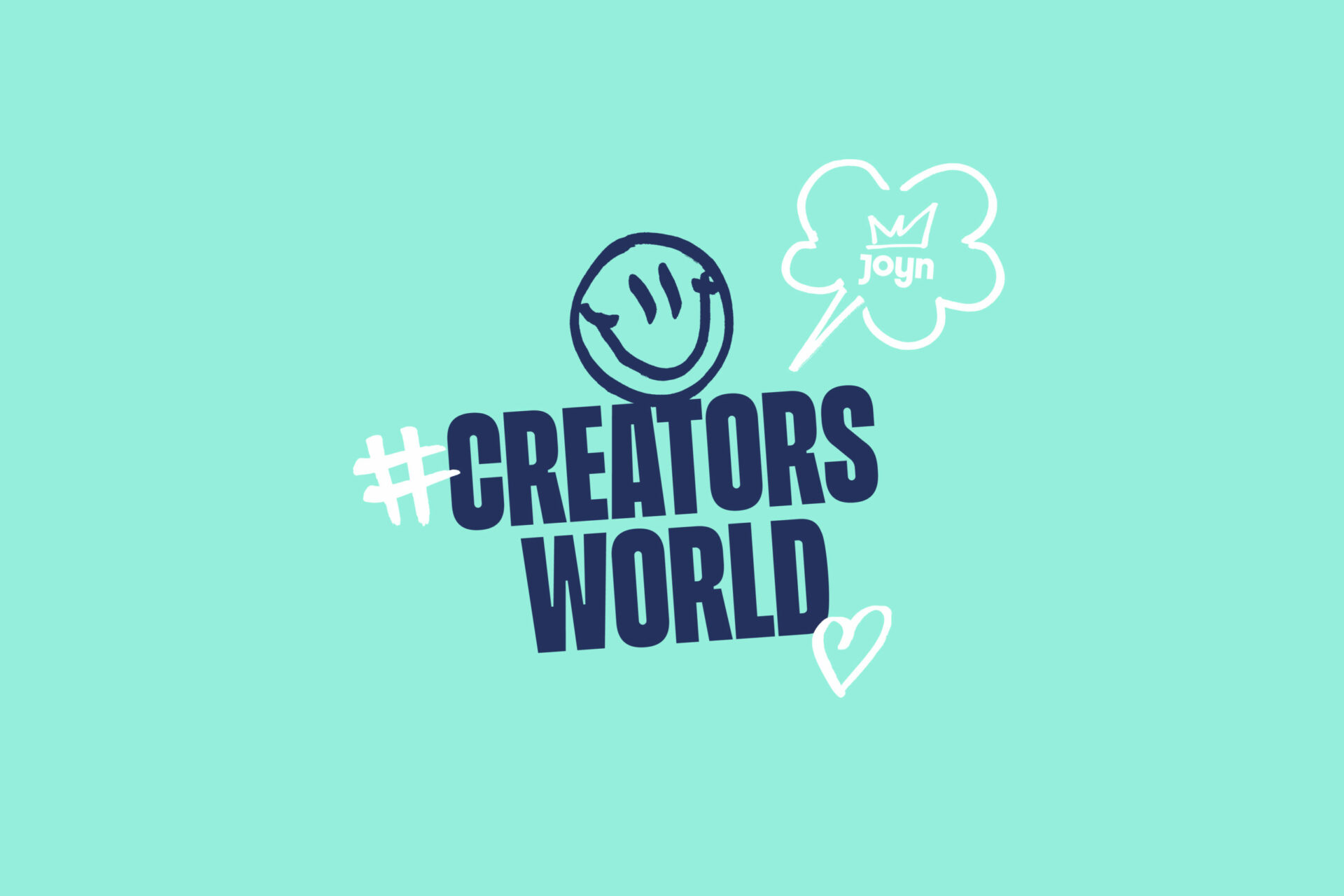 Joyn Original Serie Creators World Logodesign in blauer Farbe auf tuerkisem Hintergrund und blauen Symbolen.
