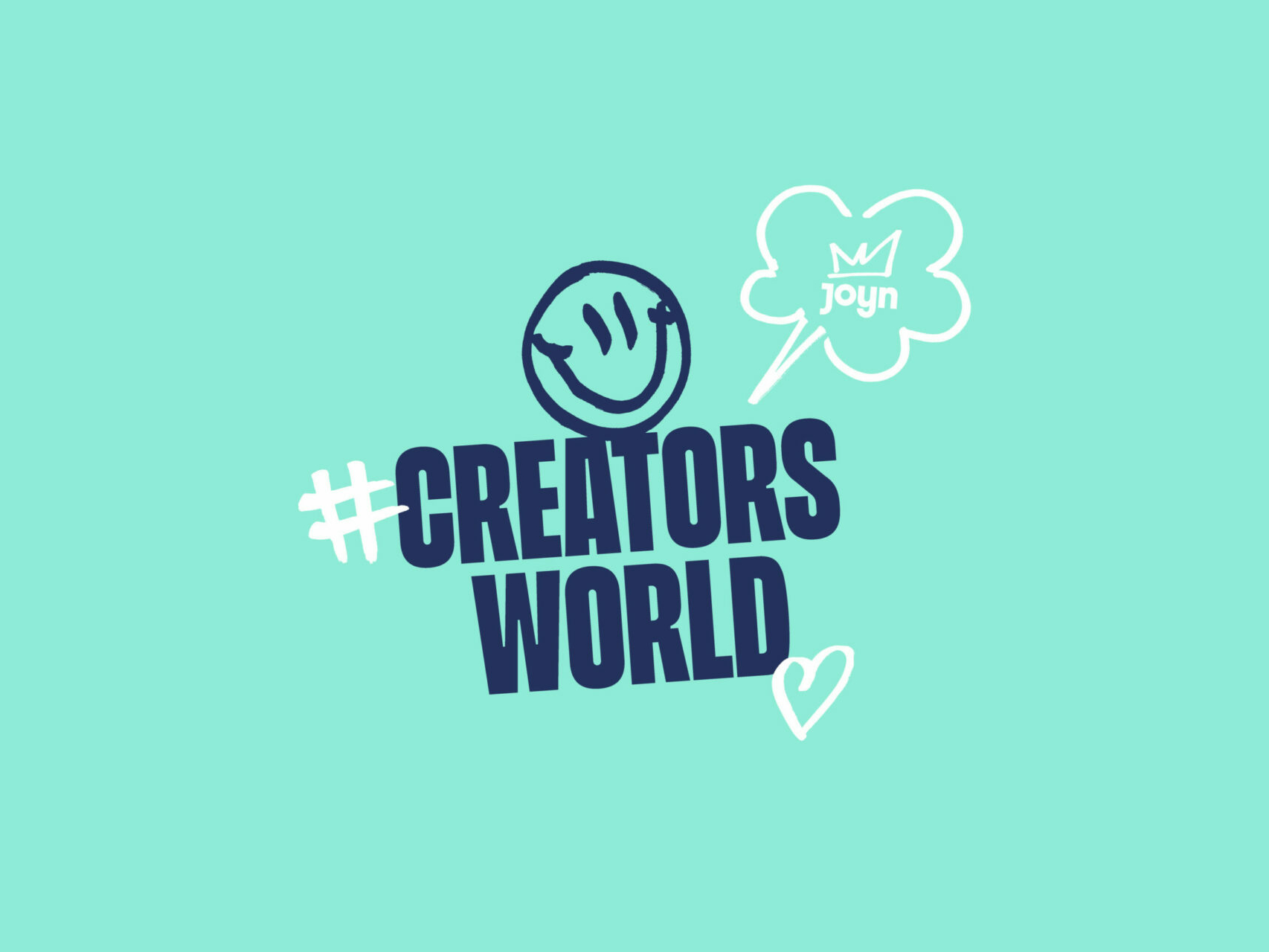 Joyn Original Serie Creators World Logodesign in blauer Farbe auf tuerkisem Hintergrund und weißen Symbolen.