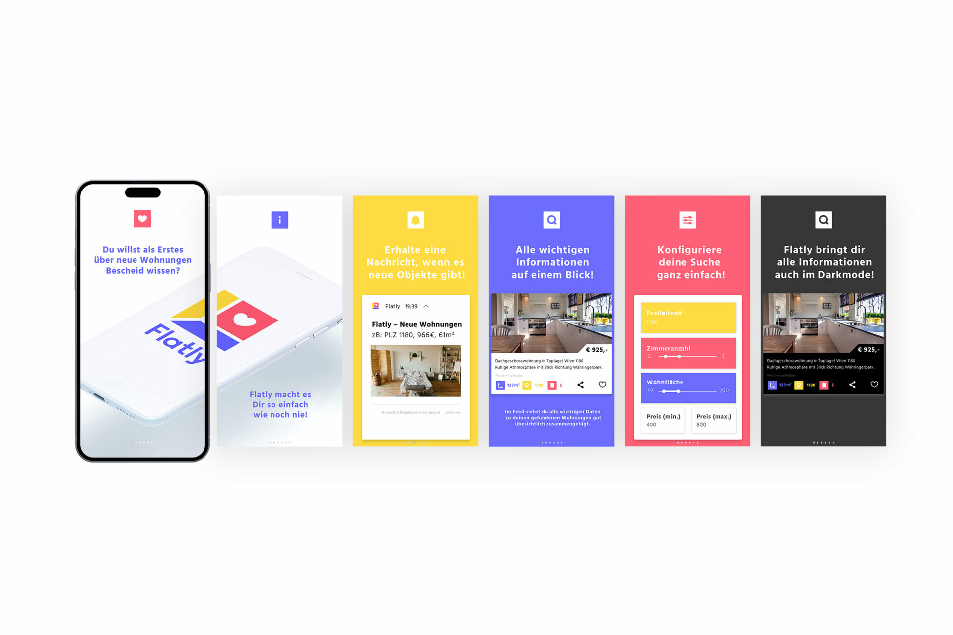 Iphone mit lnformationen zur Flatly-App in Flatly-Screen Design. 6 verschiedene Kacheln beschreiben die Handhabung der Flatly-App.