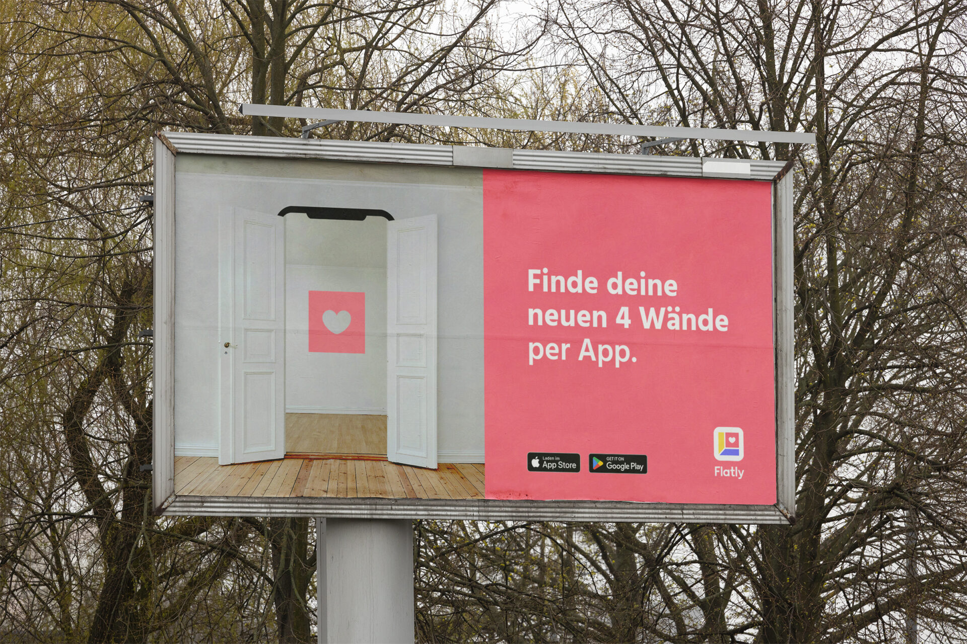 Flatly wirbt mit einem großen Billboard für die Flatly-App.