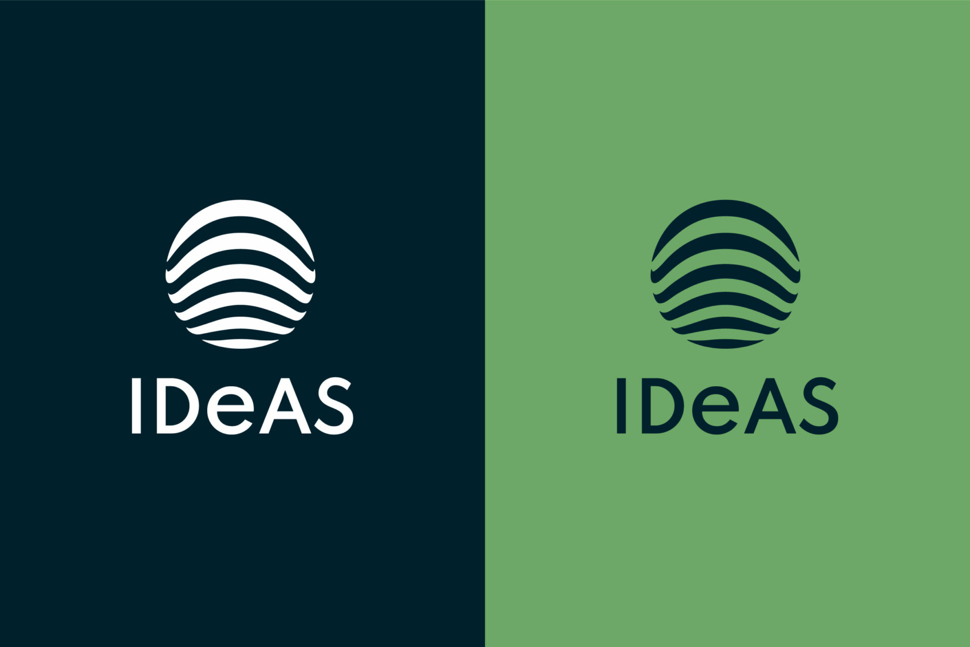 Zwei querformatige IDeAS Logos. Ein weißes Logo auf dunkelblauem Hintergrund und ein zweites blaues Logo auf grünem Hintergrund.