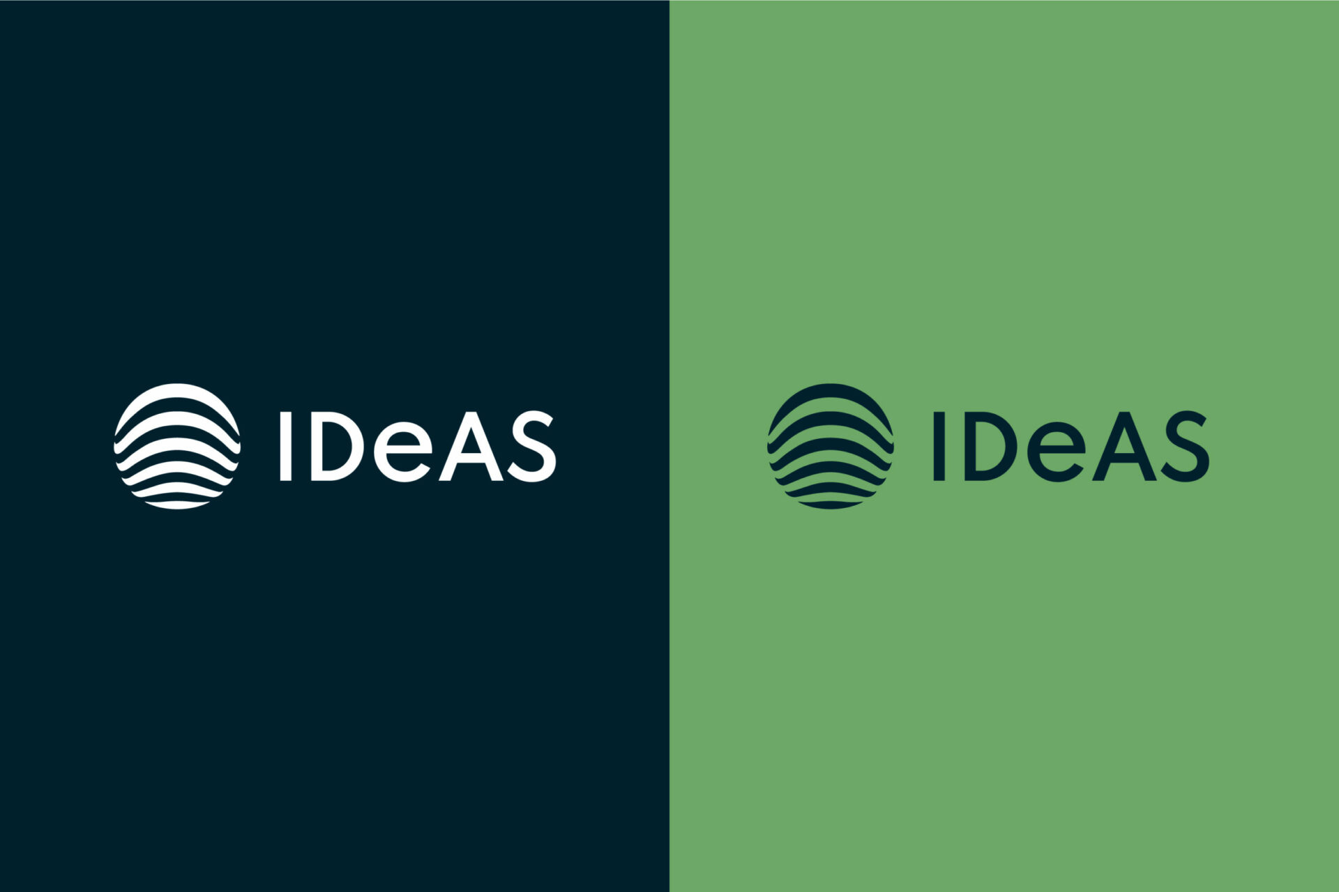 Zwei hochformatige IDeAS Logos. Ein weißes Logo auf dunkelblauem Hintergrund und ein zweites blaues Logo auf grünem Hintergrund.
