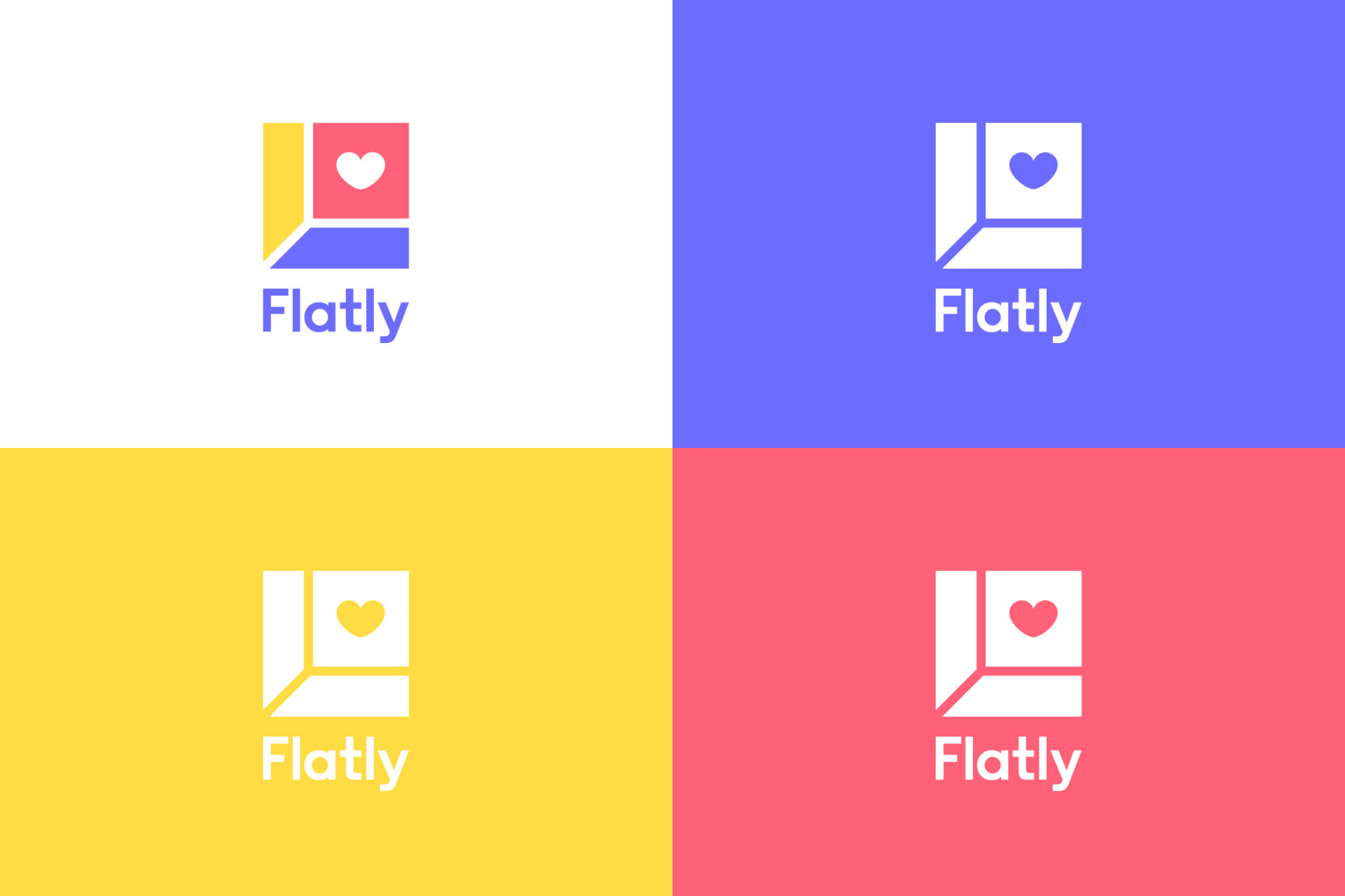 Flatly Logo in Farbe auf weißem Hintergrund sowie drei weiße Logos auf jeweils blauem, gelbem und rotem Hintergrund.
