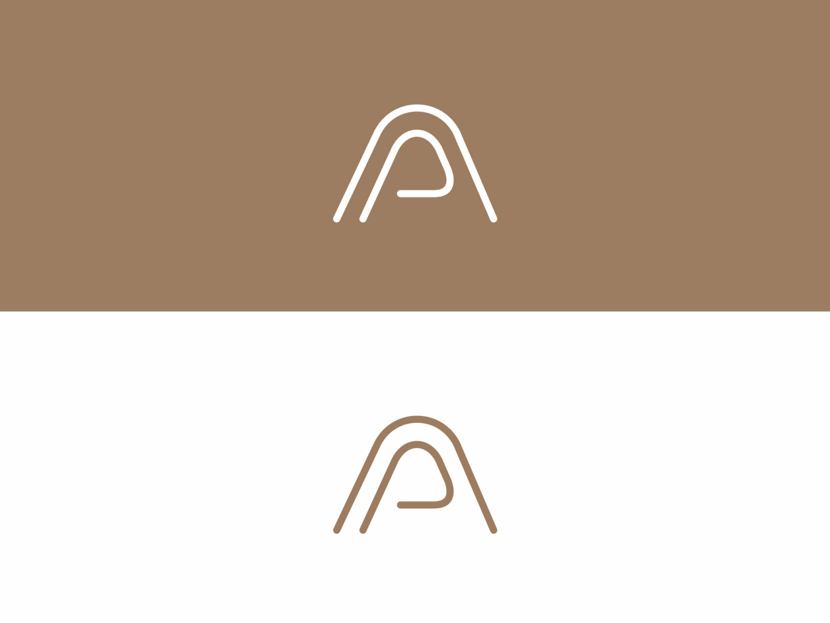 Das neue Logo für Physiotherapeutin Aigner-Puehringer. Die Initialen A und P werden zu einem Monogramm zusammengefügt. Weißes Logo auf braunem Hintergrund sowie braunes Logo auf weißem Hintergrund.