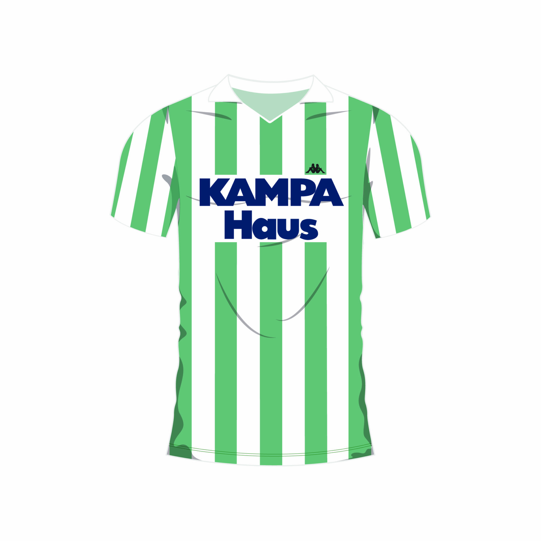 Illustrierte Nachbildung eines gruen-weiß gestreiften SK Rapid Trikots, mit Kappa-Logo und weiß-blauem Kampa Haus Sponsoren-Aufdruck.